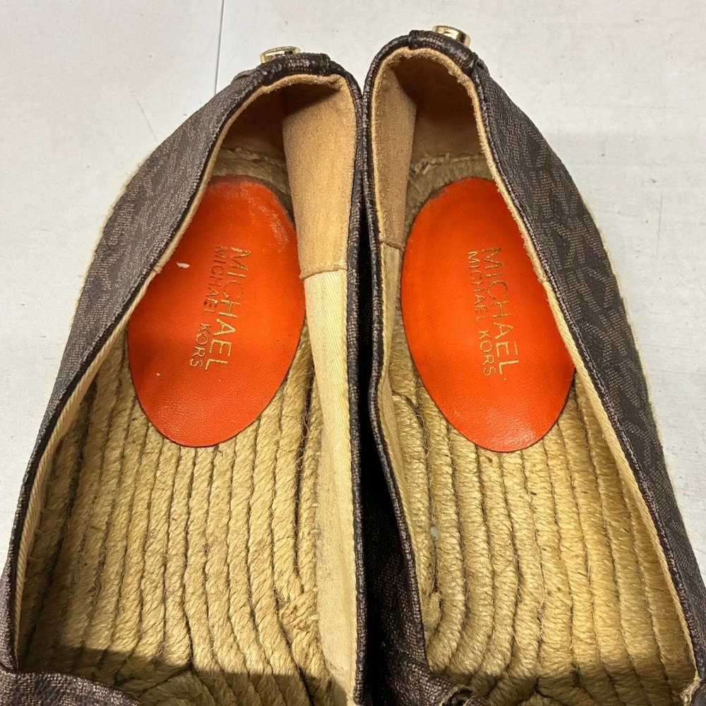 Michael Kors Espadrilles Women's 8.5M Brown Monogram Palm Tree Slip On Beach